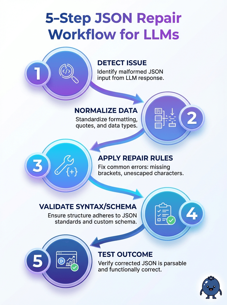 5-step JSON Repair Workflow for LLMs: visual guide to detecting and fixing JSON outputs.